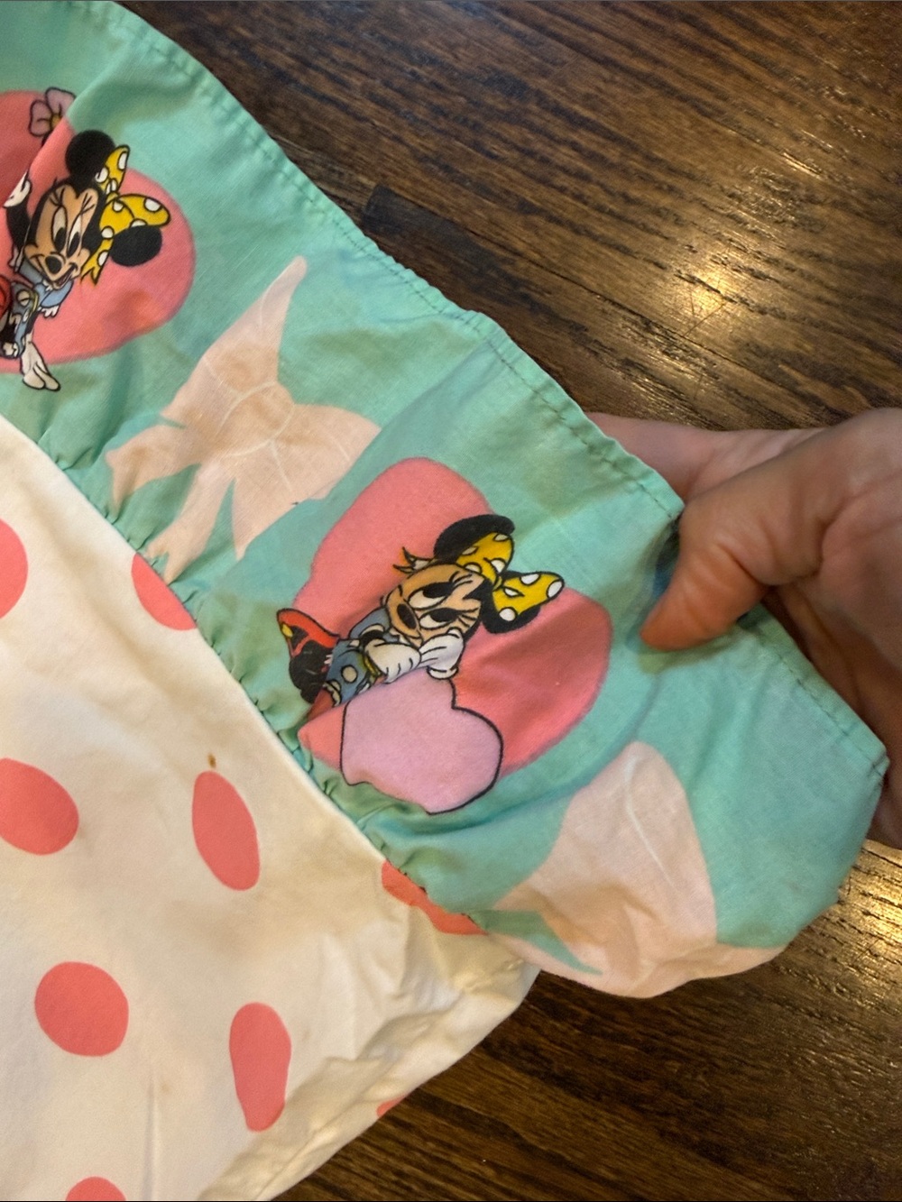 Vintage Minnie mouse Pink Polka Dot Pillowcase with Mint Ruffled Edge Disney - Picture 4 of 7